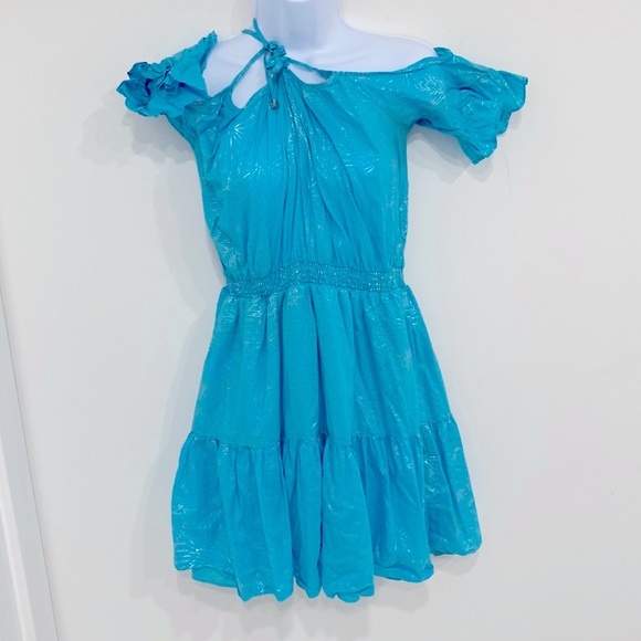 Preowned L Michael Kors Foil Print Cold Shoulder Turquoise dress size L - Picture 4 of 7